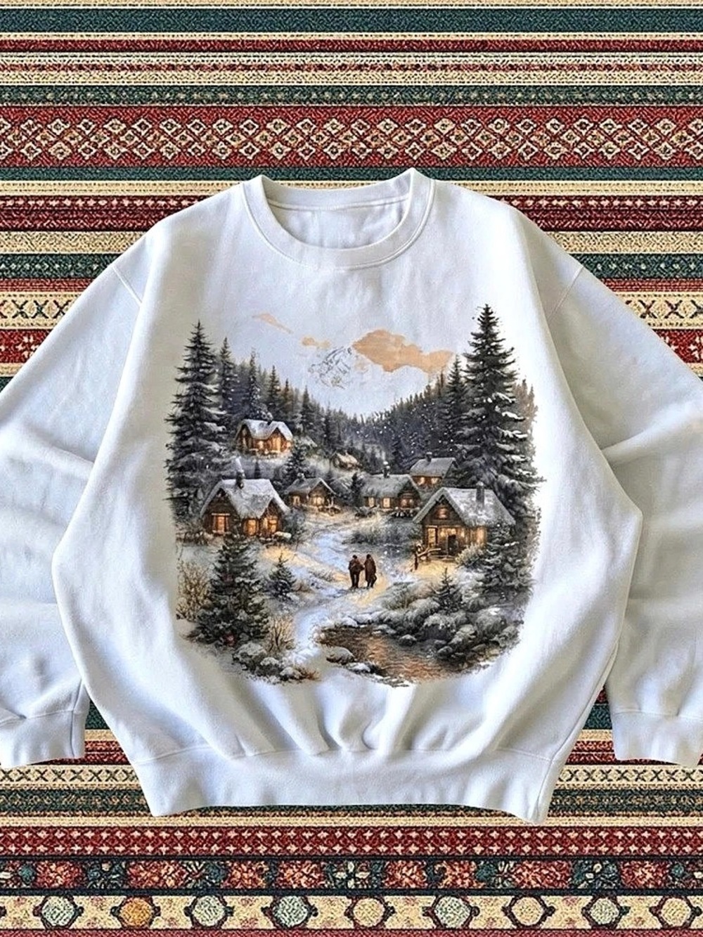 Retro Christmas Winter Village Sweatshirt, 90s Vintage Mountain Pine Trees, Boho